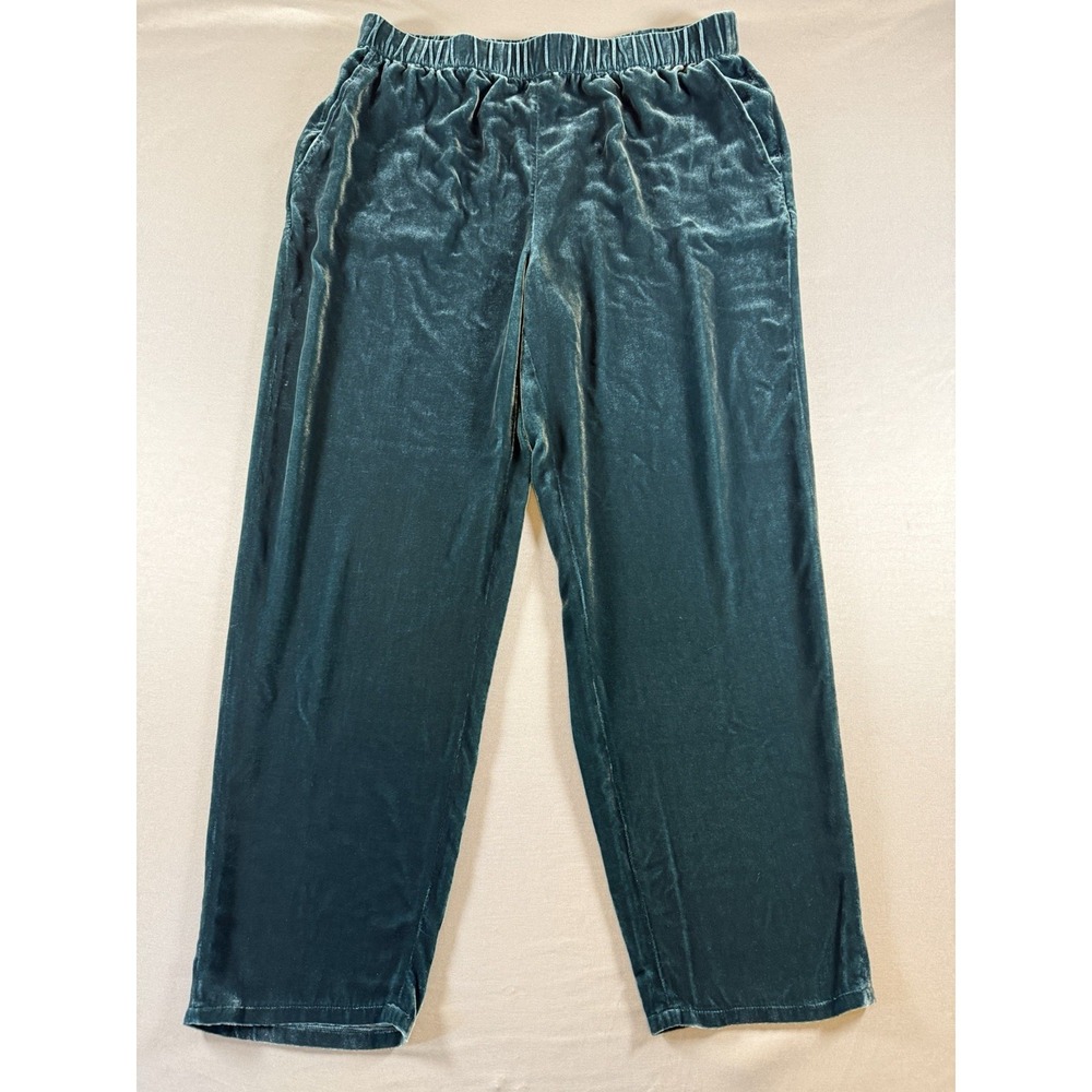 Eileen Fisher Velvet Wide Leg Pants Dark Green Elastic Waist Silk Blend Large